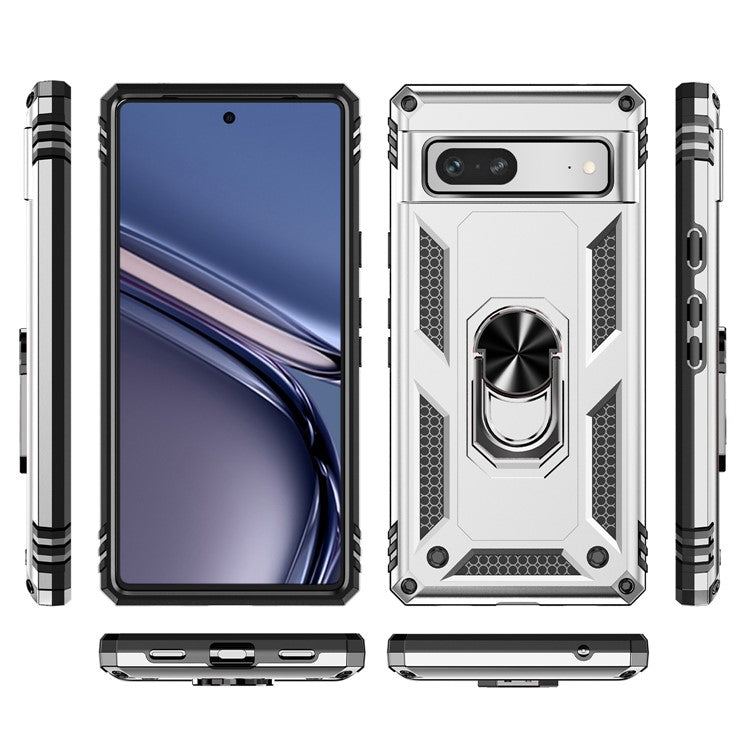 Back Protector Phone Case for Google Pixel 7a, Military Grade Anti-drop PC + TPU Protective Cover with Ring Kickstand - Silver