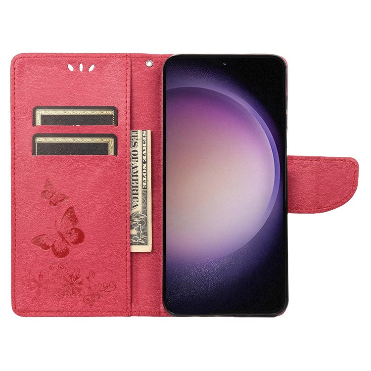 For Samsung Galaxy S23 Full Protection Phone Cover Flip Leather Phone Case Wallet Stand Butterflies Flower Imprinting Shell - Red