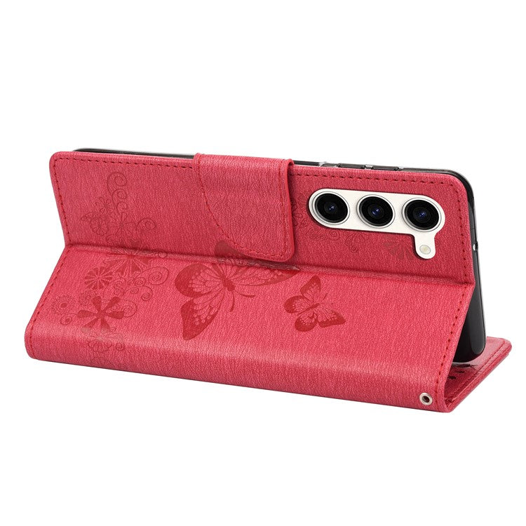 For Samsung Galaxy S23 Full Protection Phone Cover Flip Leather Phone Case Wallet Stand Butterflies Flower Imprinting Shell - Red