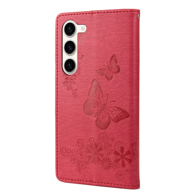 For Samsung Galaxy S23 Full Protection Phone Cover Flip Leather Phone Case Wallet Stand Butterflies Flower Imprinting Shell - Red