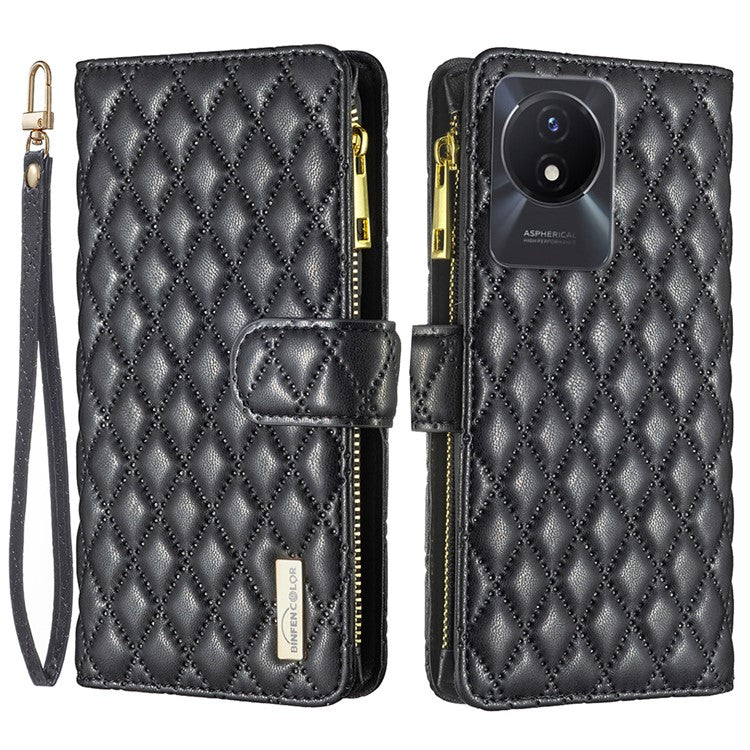 BINFEN COLOR BF Style-15 for vivo Y02 4G PU Leather Case Wallet Stand Zipper Pocket Phone Cover with Strap - Black