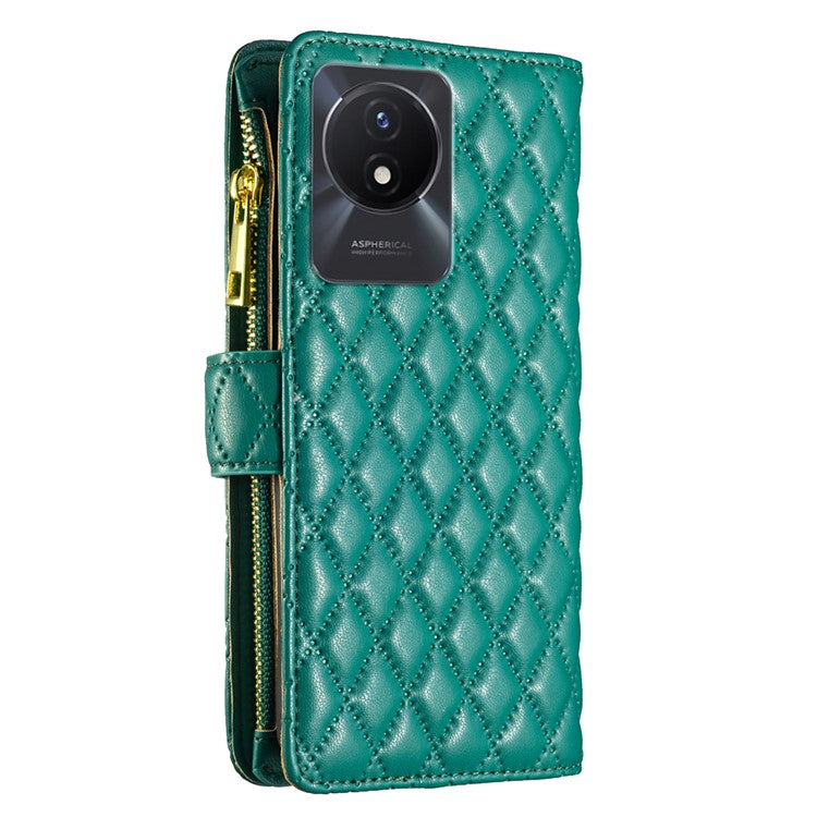 BINFEN COLOR BF Style-15 for vivo Y02 4G PU Leather Case Wallet Stand Zipper Pocket Phone Cover with Strap - Green