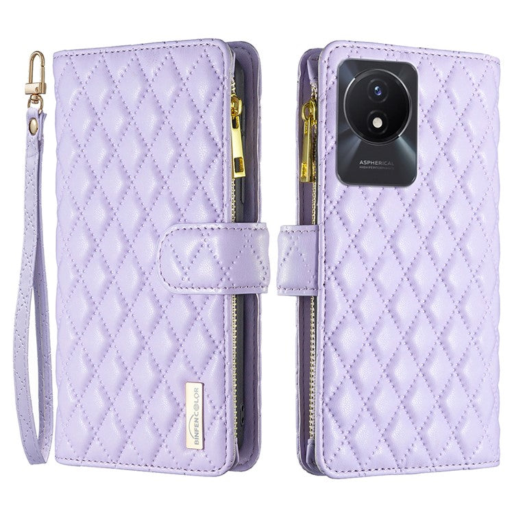 BINFEN COLOR BF Style-15 for vivo Y02 4G PU Leather Case Wallet Stand Zipper Pocket Phone Cover with Strap - Purple