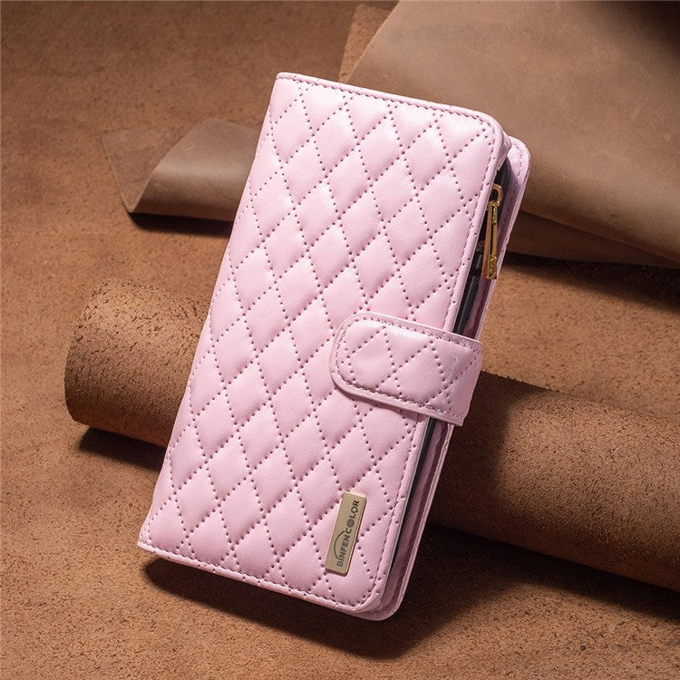 BINFEN COLOR BF Style-15 for vivo Y02 4G PU Leather Case Wallet Stand Zipper Pocket Phone Cover with Strap - Pink
