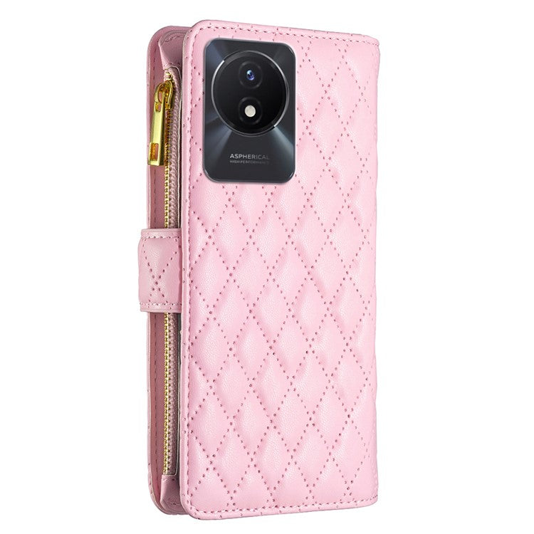 BINFEN COLOR BF Style-15 for vivo Y02 4G PU Leather Case Wallet Stand Zipper Pocket Phone Cover with Strap - Pink
