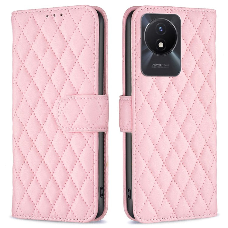 BINFEN COLOR BF Style-14 For vivo Y02 4G Imprinted PU Leather Wallet Phone Case Flip Folio Stand Cover - Pink