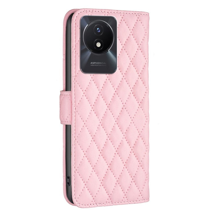 BINFEN COLOR BF Style-14 For vivo Y02 4G Imprinted PU Leather Wallet Phone Case Flip Folio Stand Cover - Pink