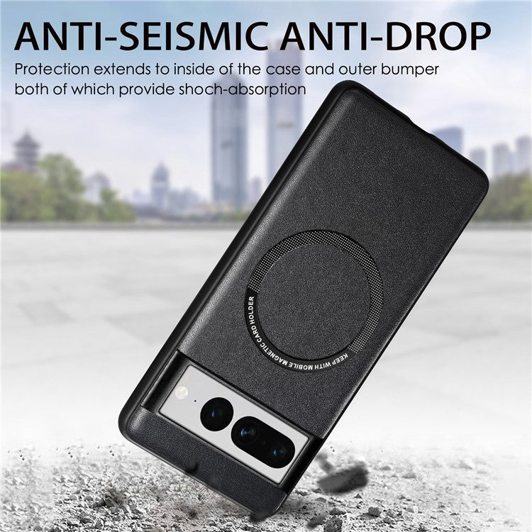 Leather Coated PC+TPU Case Compatible with MagSafe for Google Pixel 7 Pro 5G Phone Cover - Black