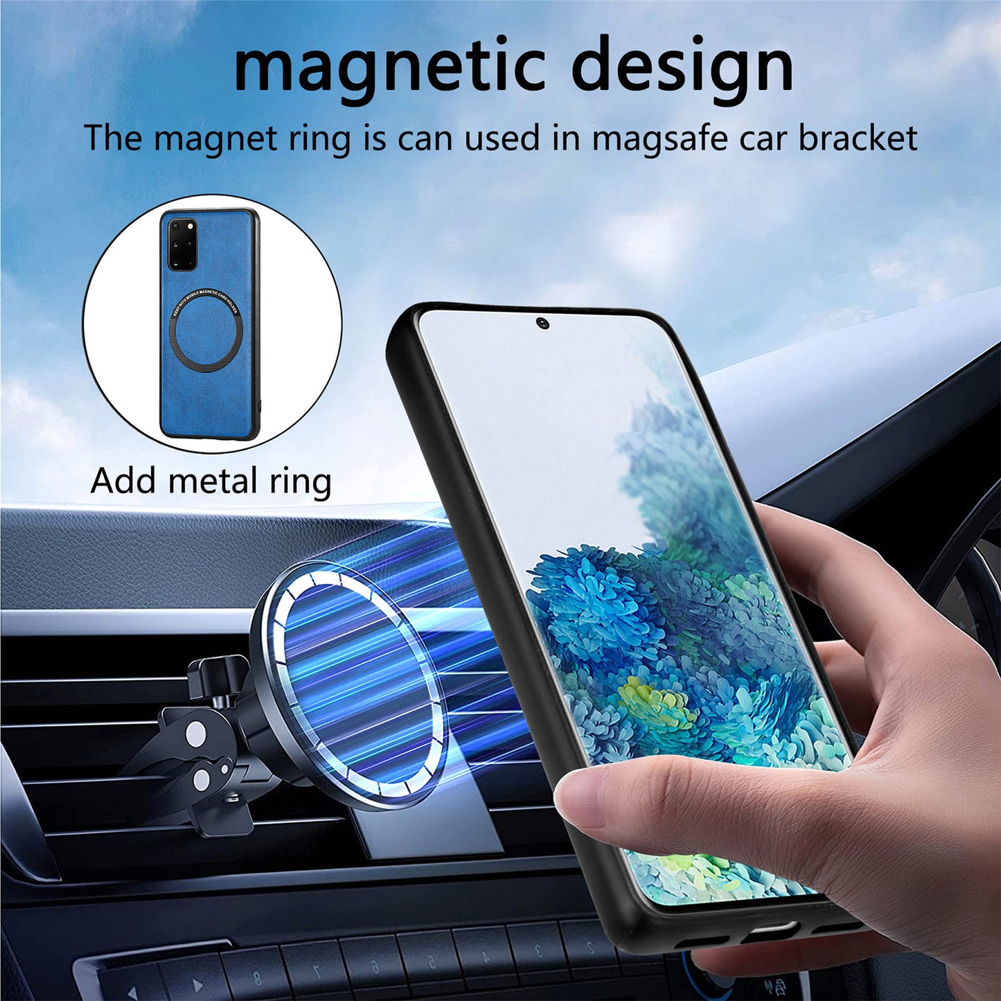 For Samsung Galaxy S20 Plus 4G / 5G Leather Coated PC+TPU Cover Phone Case Compatible with MagSafe with Magnetic Holder Metal Ring - Blue
