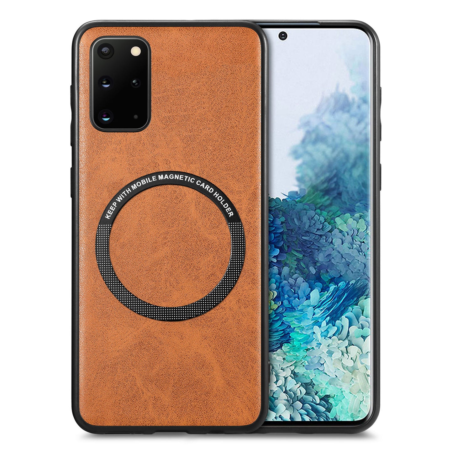 For Samsung Galaxy S20 Plus 4G / 5G Leather Coated PC+TPU Cover Phone Case Compatible with MagSafe with Magnetic Holder Metal Ring - Brown