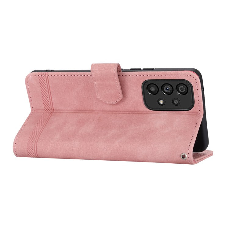 DIERFENG DF-03 Phone Wallet Case for Samsung Galaxy A53 5G, PU Leather Stand Lines Imprinted Phone Cover - Pink