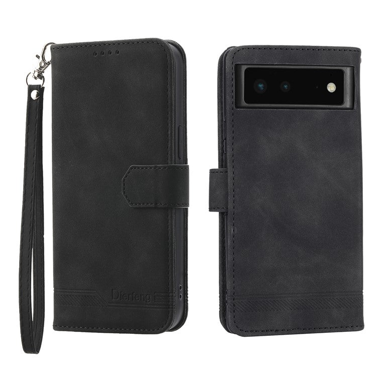 DIERFENG DF-03 Anti-scratch Leather Phone Case for Google Pixel 6, Lines Imprinted Anti-shock Flip Cell Phone Cover Stand Wallet - Black