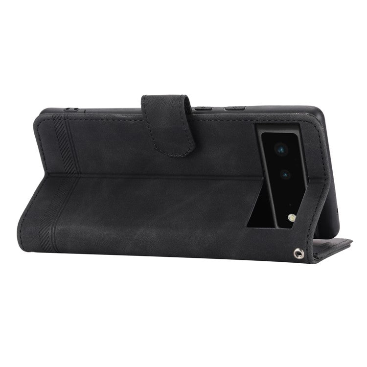 DIERFENG DF-03 Anti-scratch Leather Phone Case for Google Pixel 6, Lines Imprinted Anti-shock Flip Cell Phone Cover Stand Wallet - Black