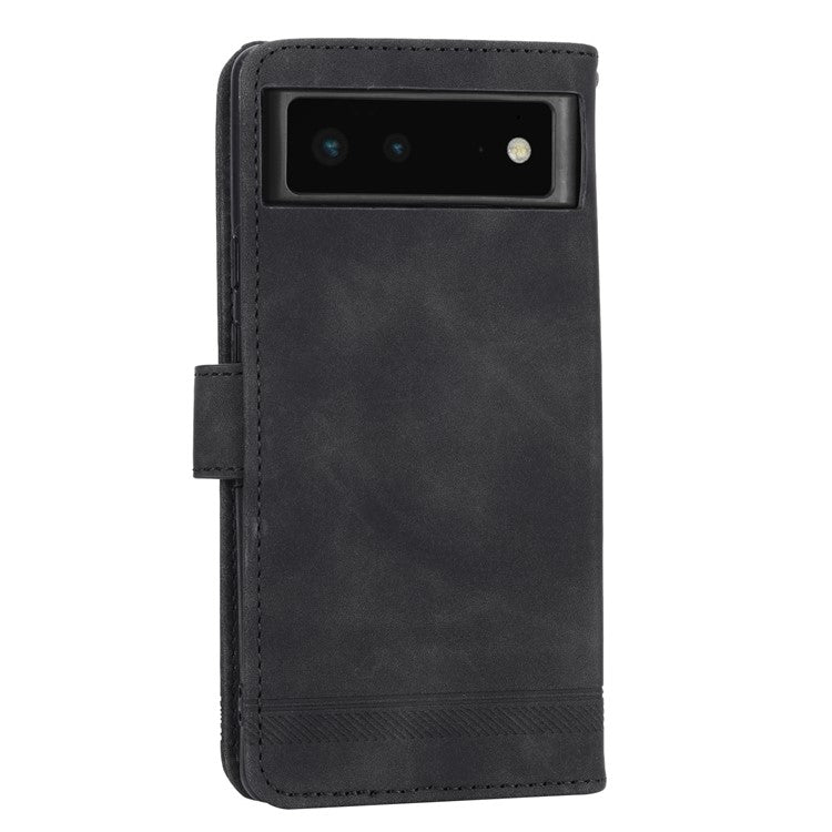 DIERFENG DF-03 Anti-scratch Leather Phone Case for Google Pixel 6, Lines Imprinted Anti-shock Flip Cell Phone Cover Stand Wallet - Black