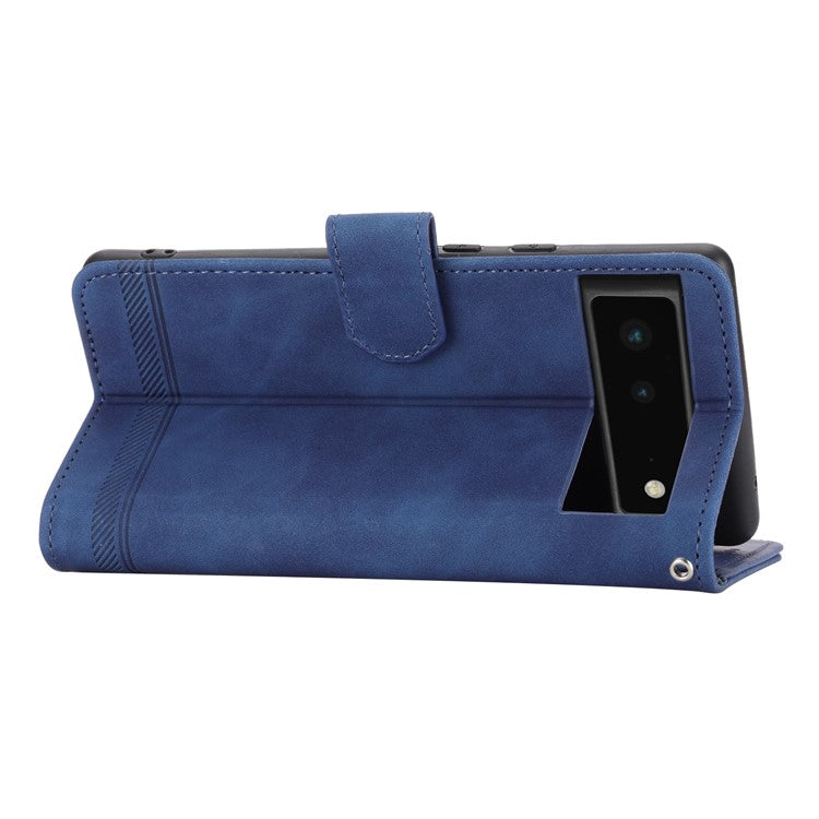 DIERFENG DF-03 Anti-scratch Leather Phone Case for Google Pixel 6, Lines Imprinted Anti-shock Flip Cell Phone Cover Stand Wallet - Blue