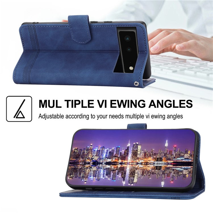 DIERFENG DF-03 Anti-scratch Leather Phone Case for Google Pixel 6, Lines Imprinted Anti-shock Flip Cell Phone Cover Stand Wallet - Blue
