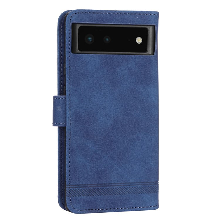 DIERFENG DF-03 Anti-scratch Leather Phone Case for Google Pixel 6, Lines Imprinted Anti-shock Flip Cell Phone Cover Stand Wallet - Blue