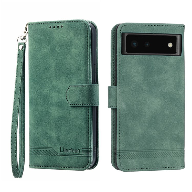 DIERFENG DF-03 Anti-scratch Leather Phone Case for Google Pixel 6, Lines Imprinted Anti-shock Flip Cell Phone Cover Stand Wallet - Green