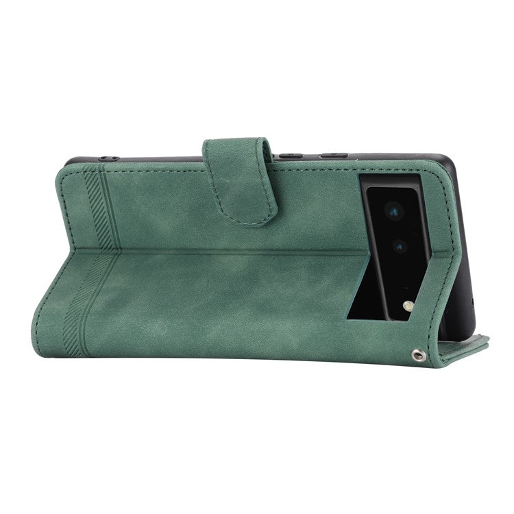 DIERFENG DF-03 Anti-scratch Leather Phone Case for Google Pixel 6, Lines Imprinted Anti-shock Flip Cell Phone Cover Stand Wallet - Green