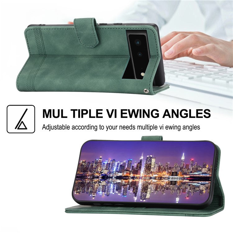 DIERFENG DF-03 Anti-scratch Leather Phone Case for Google Pixel 6, Lines Imprinted Anti-shock Flip Cell Phone Cover Stand Wallet - Green