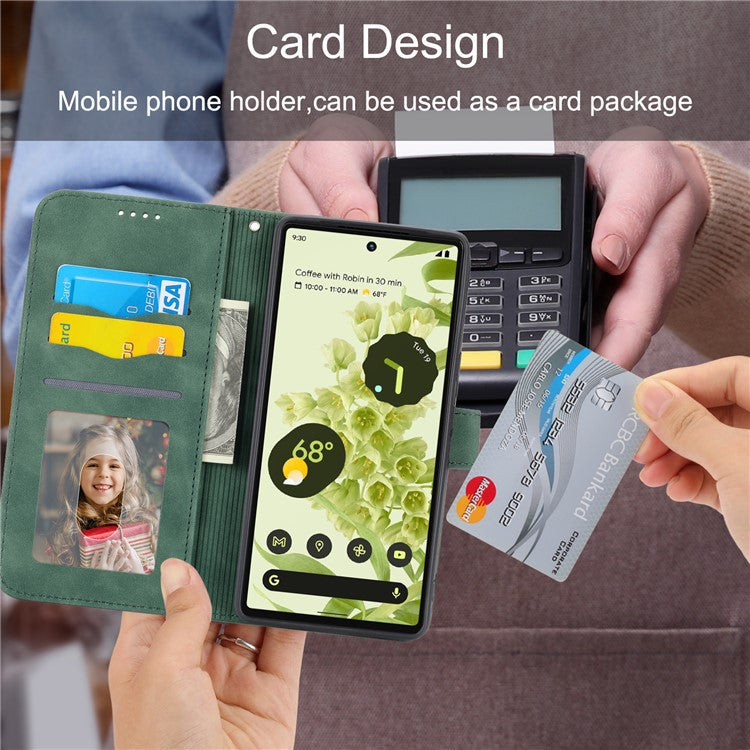 DIERFENG DF-03 Anti-scratch Leather Phone Case for Google Pixel 6, Lines Imprinted Anti-shock Flip Cell Phone Cover Stand Wallet - Green