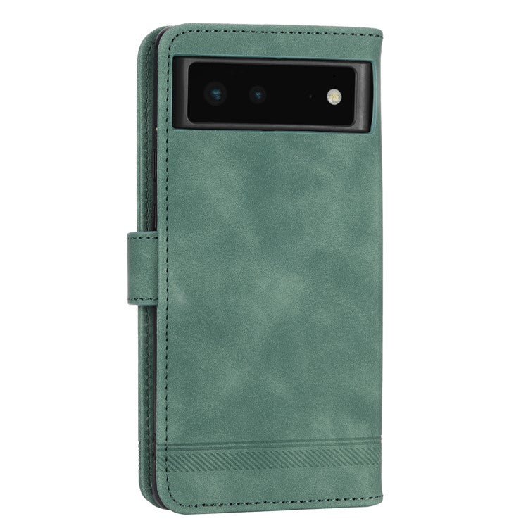 DIERFENG DF-03 Anti-scratch Leather Phone Case for Google Pixel 6, Lines Imprinted Anti-shock Flip Cell Phone Cover Stand Wallet - Green
