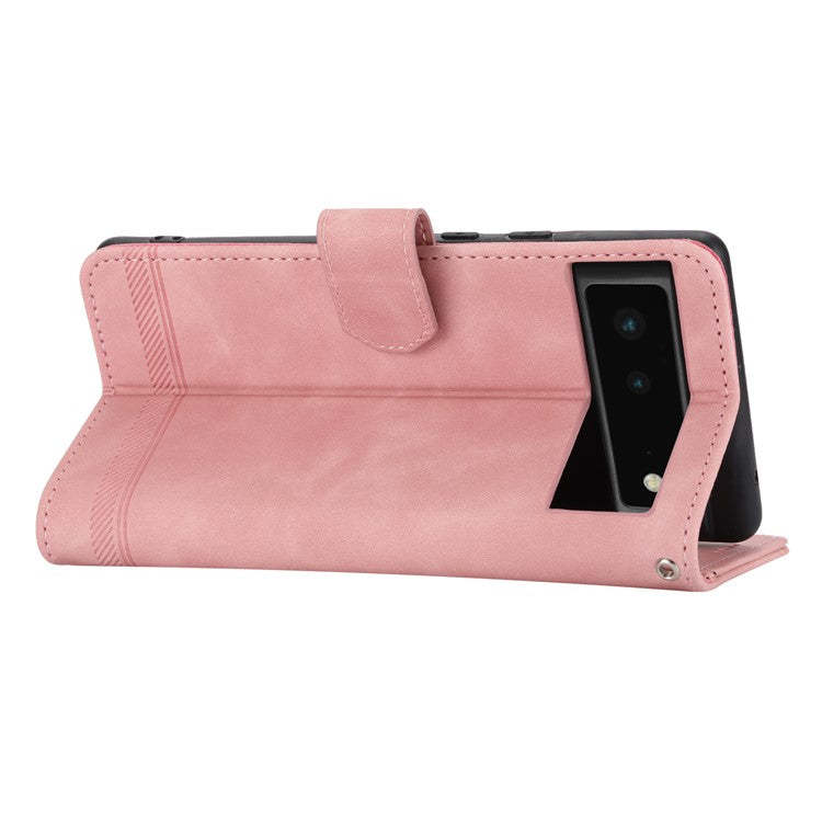 DIERFENG DF-03 Anti-scratch Leather Phone Case for Google Pixel 6, Lines Imprinted Anti-shock Flip Cell Phone Cover Stand Wallet - Pink