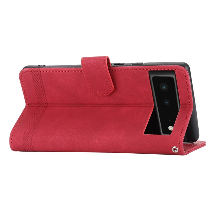 DIERFENG DF-03 Anti-scratch Leather Phone Case for Google Pixel 6, Lines Imprinted Anti-shock Flip Cell Phone Cover Stand Wallet - Red