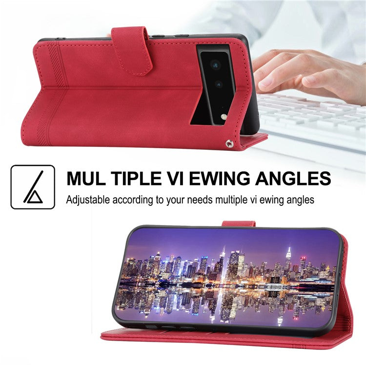 DIERFENG DF-03 Anti-scratch Leather Phone Case for Google Pixel 6, Lines Imprinted Anti-shock Flip Cell Phone Cover Stand Wallet - Red