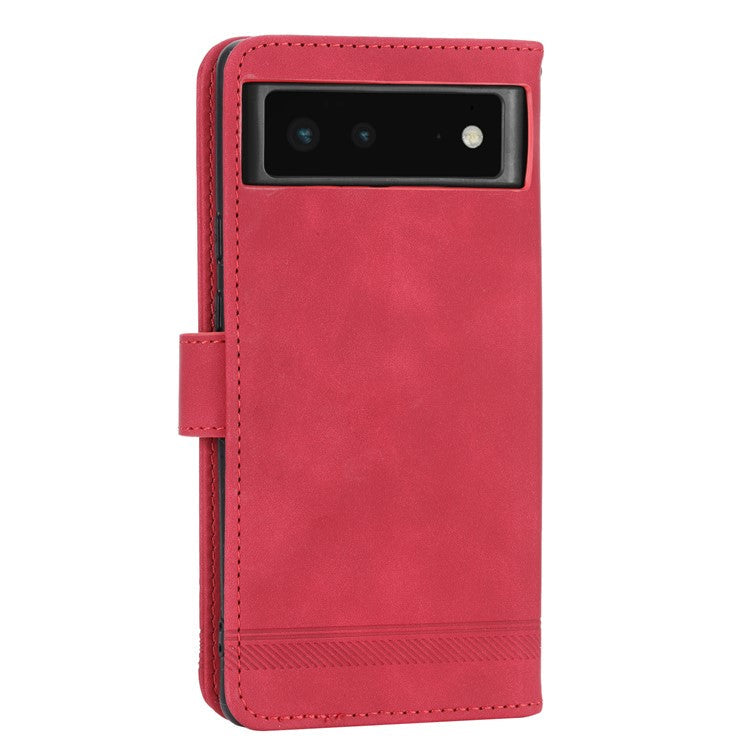 DIERFENG DF-03 Anti-scratch Leather Phone Case for Google Pixel 6, Lines Imprinted Anti-shock Flip Cell Phone Cover Stand Wallet - Red