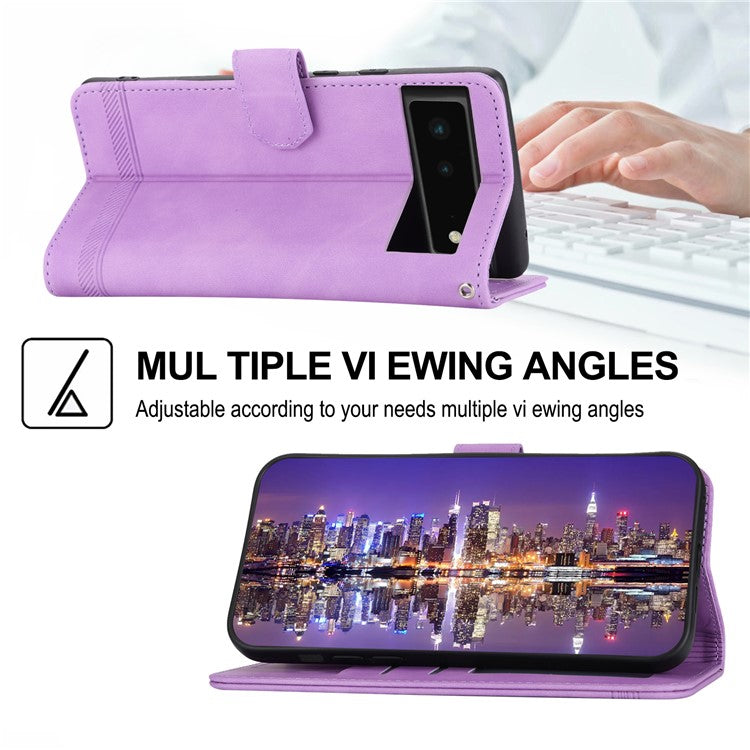 DIERFENG DF-03 Anti-scratch Leather Phone Case for Google Pixel 6, Lines Imprinted Anti-shock Flip Cell Phone Cover Stand Wallet - Purple