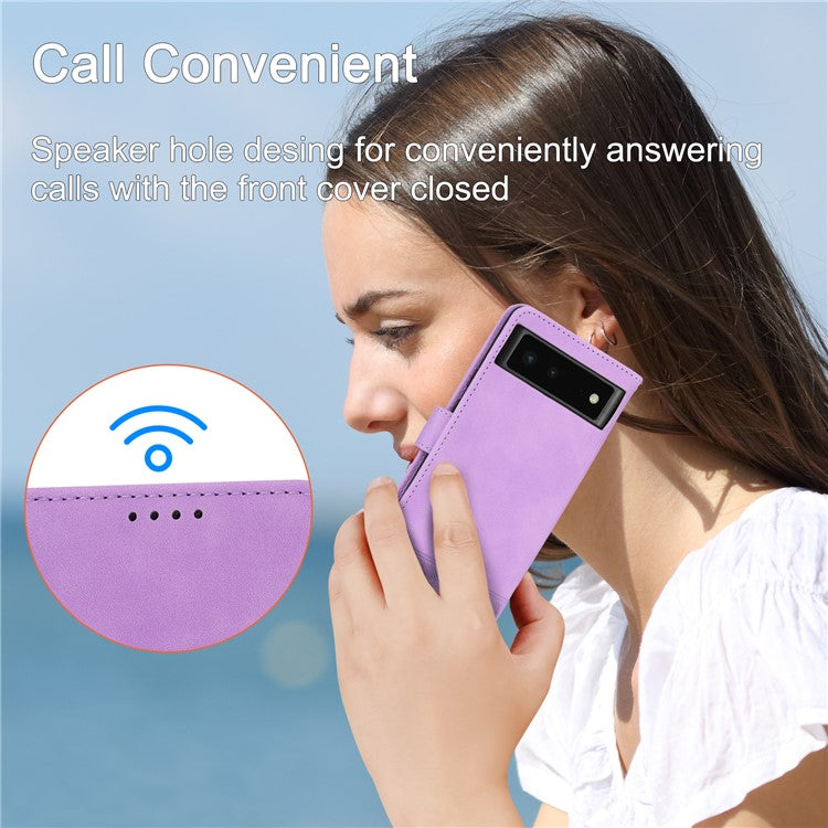 DIERFENG DF-03 Anti-scratch Leather Phone Case for Google Pixel 6, Lines Imprinted Anti-shock Flip Cell Phone Cover Stand Wallet - Purple