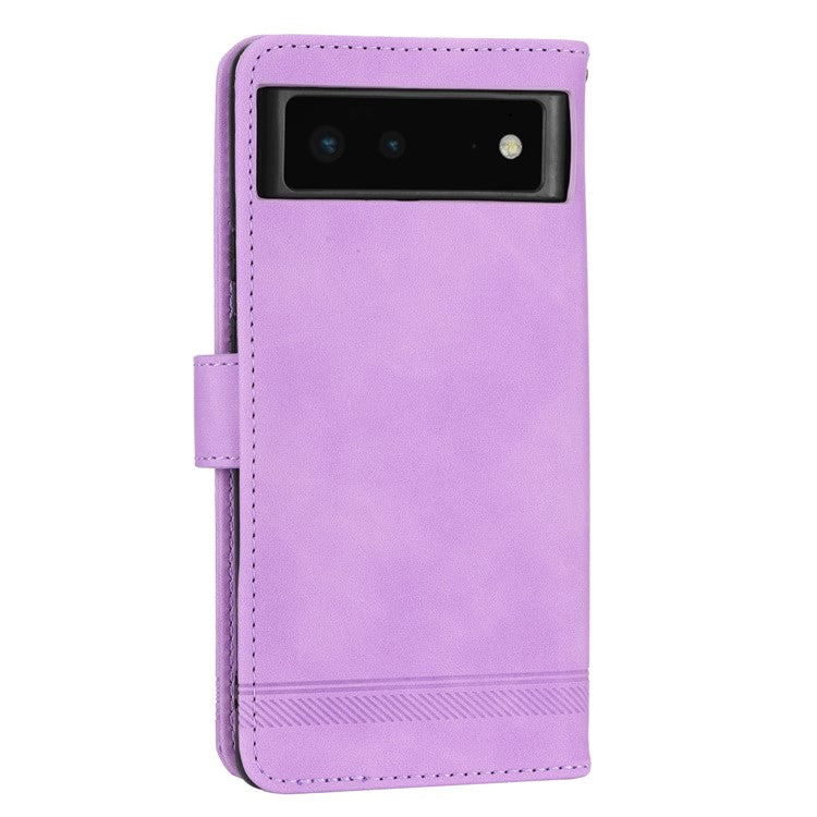 DIERFENG DF-03 Anti-scratch Leather Phone Case for Google Pixel 6, Lines Imprinted Anti-shock Flip Cell Phone Cover Stand Wallet - Purple