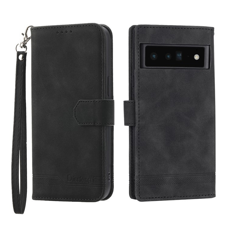 DIERFENG DF-03 Protective Phone Case for Google Pixel 6 Pro 5G, Anti-fall Flip Wallet Cover Stand with Lines Imprinting - Black
