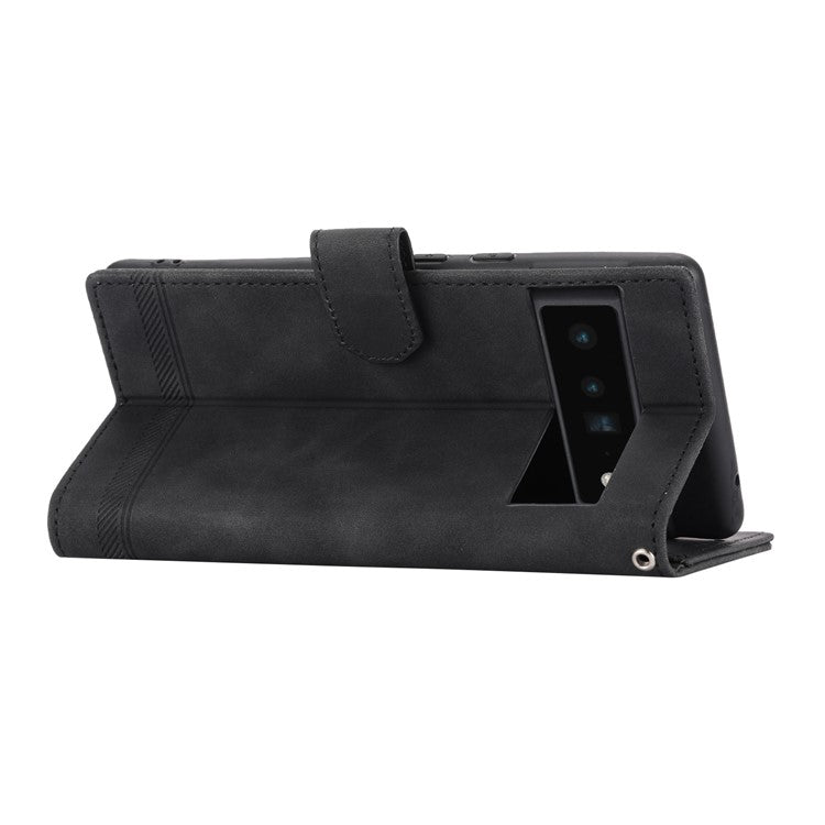 DIERFENG DF-03 Protective Phone Case for Google Pixel 6 Pro 5G, Anti-fall Flip Wallet Cover Stand with Lines Imprinting - Black