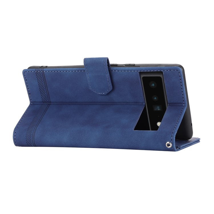 DIERFENG DF-03 Protective Phone Case for Google Pixel 6 Pro 5G, Anti-fall Flip Wallet Cover Stand with Lines Imprinting - Blue