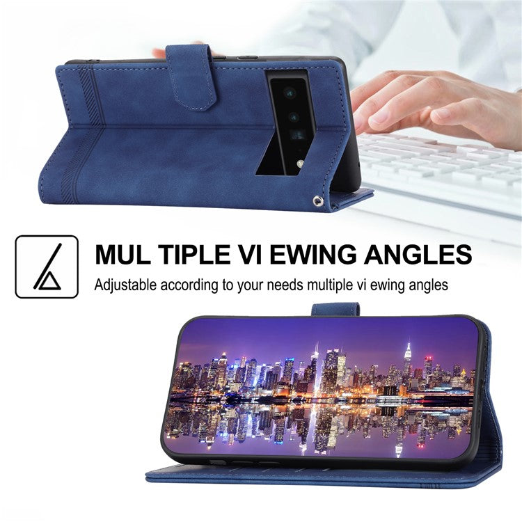 DIERFENG DF-03 Protective Phone Case for Google Pixel 6 Pro 5G, Anti-fall Flip Wallet Cover Stand with Lines Imprinting - Blue