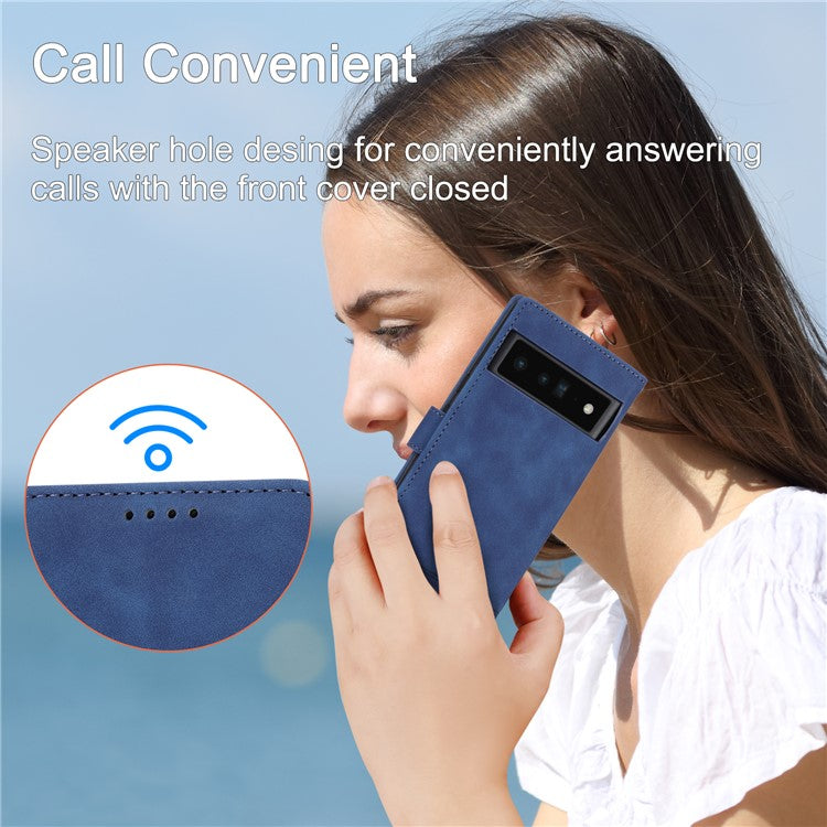 DIERFENG DF-03 Protective Phone Case for Google Pixel 6 Pro 5G, Anti-fall Flip Wallet Cover Stand with Lines Imprinting - Blue
