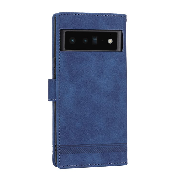 DIERFENG DF-03 Protective Phone Case for Google Pixel 6 Pro 5G, Anti-fall Flip Wallet Cover Stand with Lines Imprinting - Blue