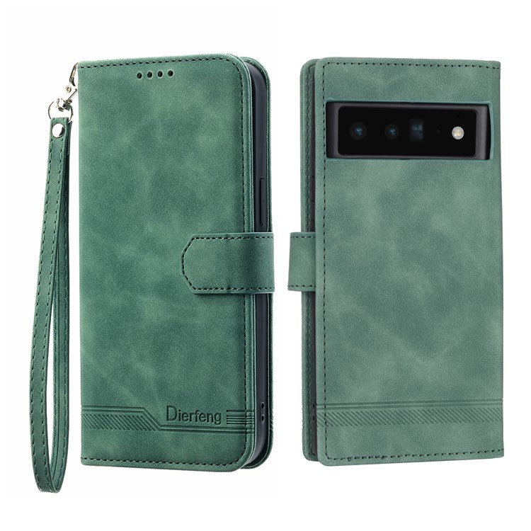 DIERFENG DF-03 Protective Phone Case for Google Pixel 6 Pro 5G, Anti-fall Flip Wallet Cover Stand with Lines Imprinting - Green