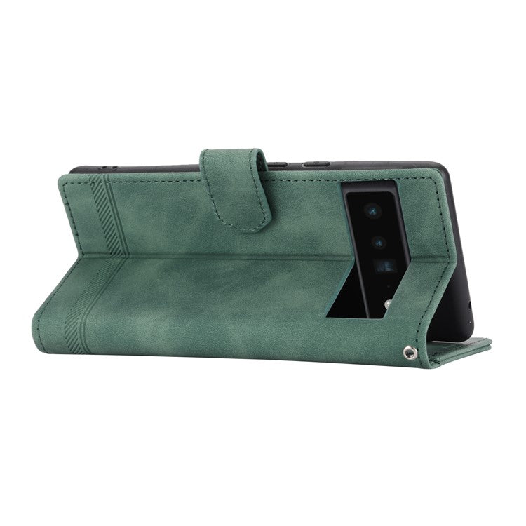 DIERFENG DF-03 Protective Phone Case for Google Pixel 6 Pro 5G, Anti-fall Flip Wallet Cover Stand with Lines Imprinting - Green