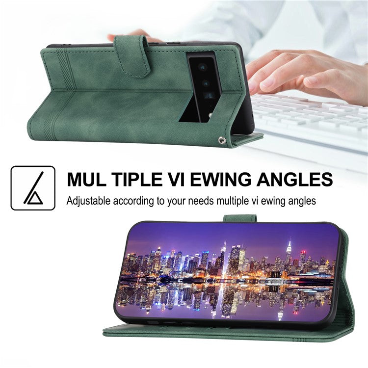 DIERFENG DF-03 Protective Phone Case for Google Pixel 6 Pro 5G, Anti-fall Flip Wallet Cover Stand with Lines Imprinting - Green
