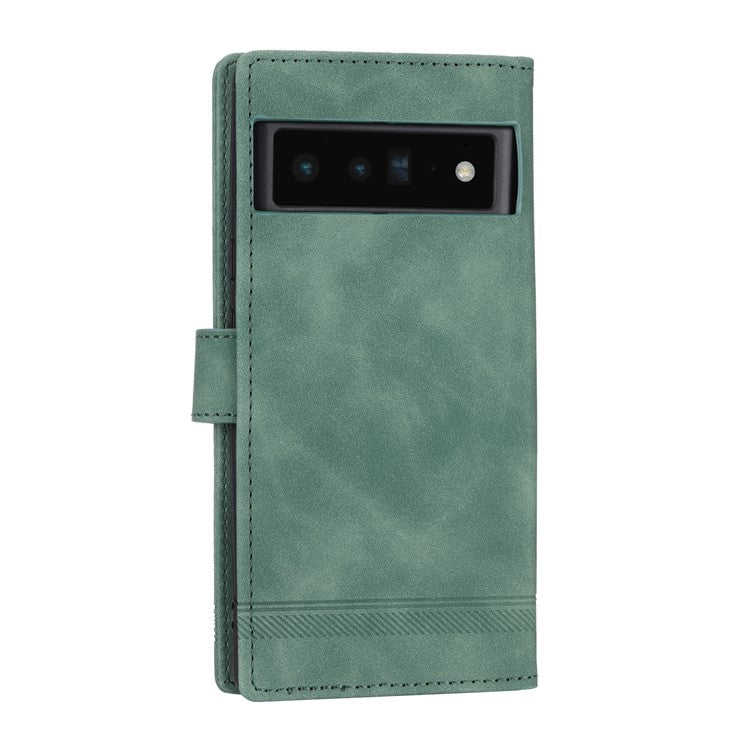 DIERFENG DF-03 Protective Phone Case for Google Pixel 6 Pro 5G, Anti-fall Flip Wallet Cover Stand with Lines Imprinting - Green