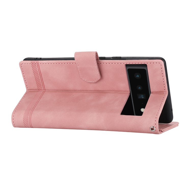 DIERFENG DF-03 Protective Phone Case for Google Pixel 6 Pro 5G, Anti-fall Flip Wallet Cover Stand with Lines Imprinting - Pink