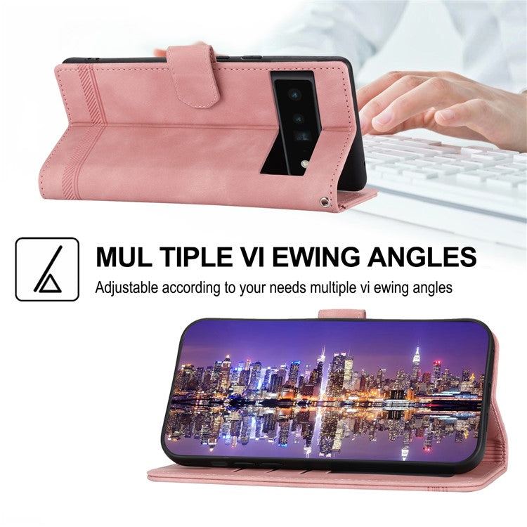DIERFENG DF-03 Protective Phone Case for Google Pixel 6 Pro 5G, Anti-fall Flip Wallet Cover Stand with Lines Imprinting - Pink