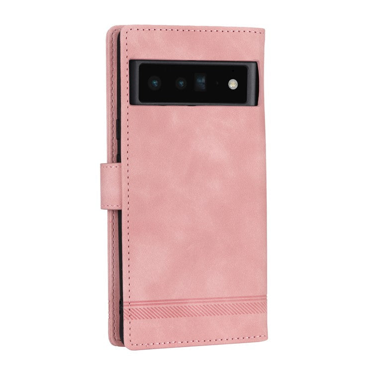 DIERFENG DF-03 Protective Phone Case for Google Pixel 6 Pro 5G, Anti-fall Flip Wallet Cover Stand with Lines Imprinting - Pink