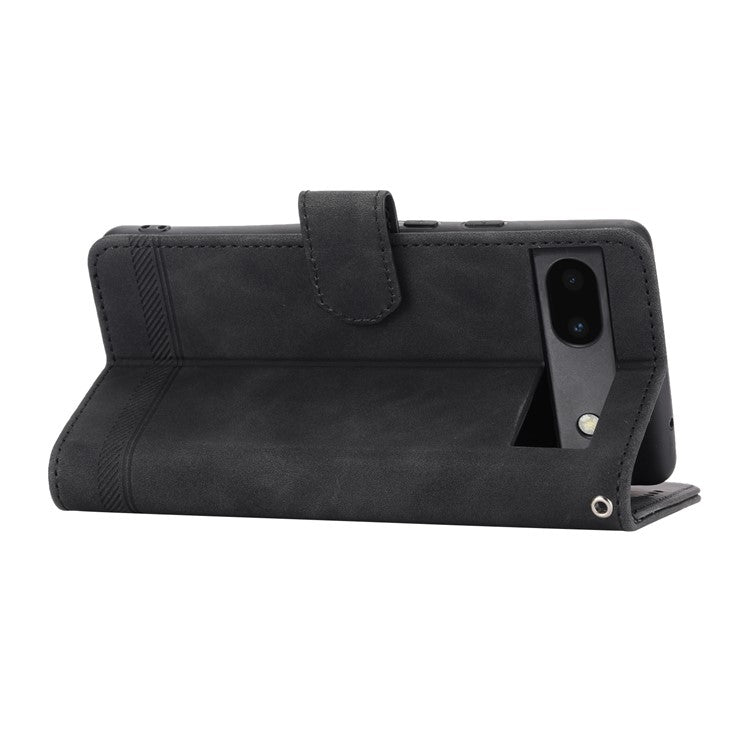 DIERFENG Anti-drop PU Leather Phone Case for Google Pixel 6a, DF-03 Lines Imprinted Scratch-resistant Phone Cover Stand Wallet - Black