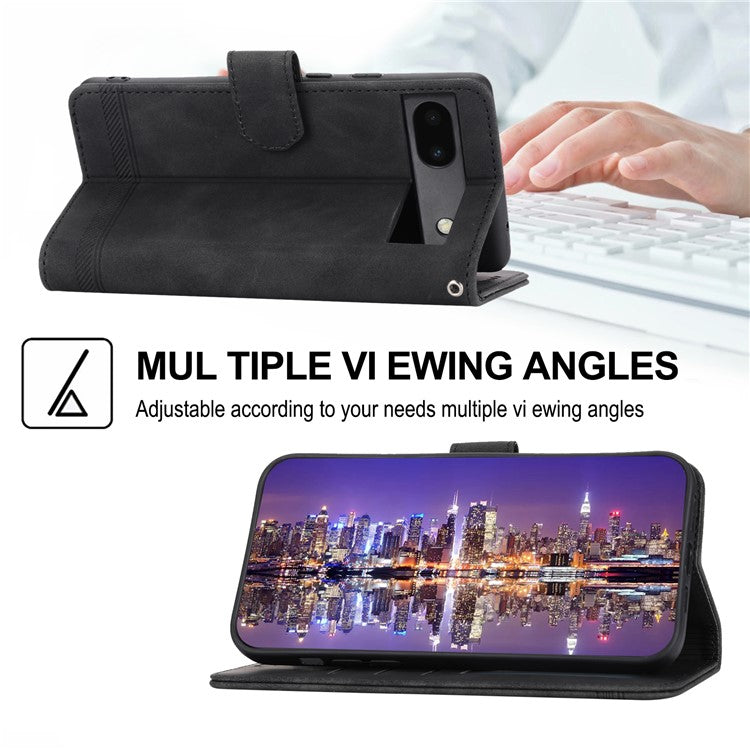 DIERFENG Anti-drop PU Leather Phone Case for Google Pixel 6a, DF-03 Lines Imprinted Scratch-resistant Phone Cover Stand Wallet - Black