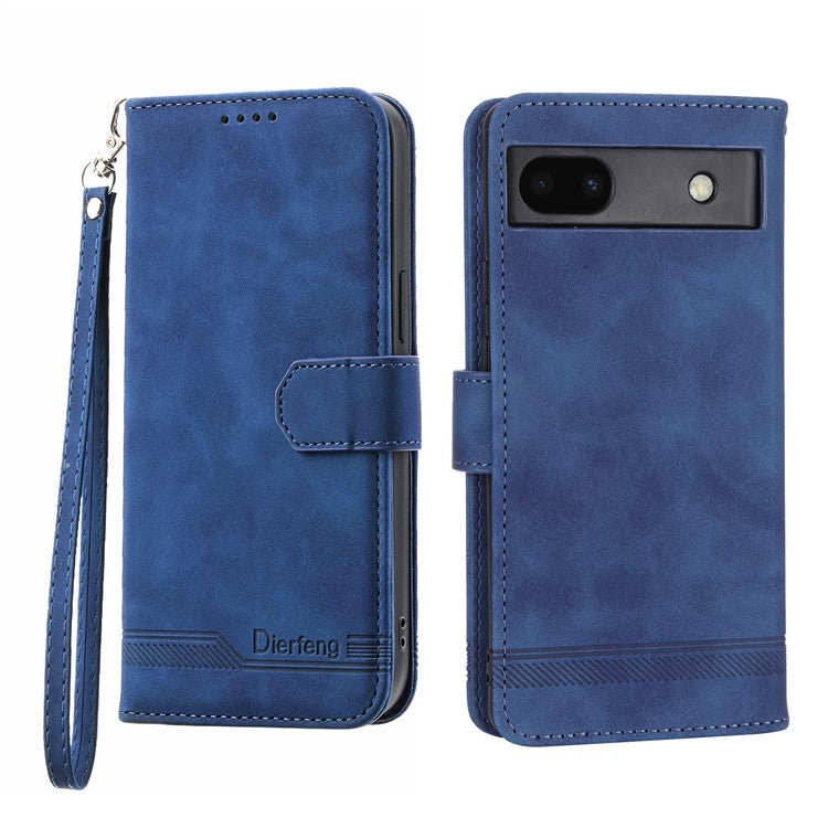 DIERFENG Anti-drop PU Leather Phone Case for Google Pixel 6a, DF-03 Lines Imprinted Scratch-resistant Phone Cover Stand Wallet - Blue