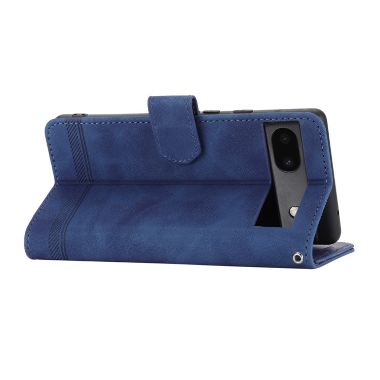 DIERFENG Anti-drop PU Leather Phone Case for Google Pixel 6a, DF-03 Lines Imprinted Scratch-resistant Phone Cover Stand Wallet - Blue